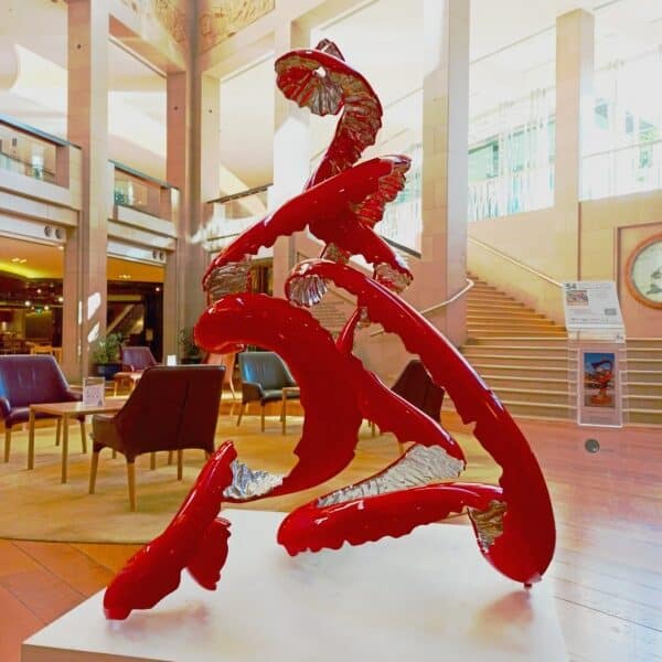 Red-Peel-Poem---150x90cm-STAINLESS-STEEL-&-BAKED-ENAMEL-[stainless-steel,-freestanding,-outdoor]-rae-bolotin-red-pop-art-sculpture-australian-art