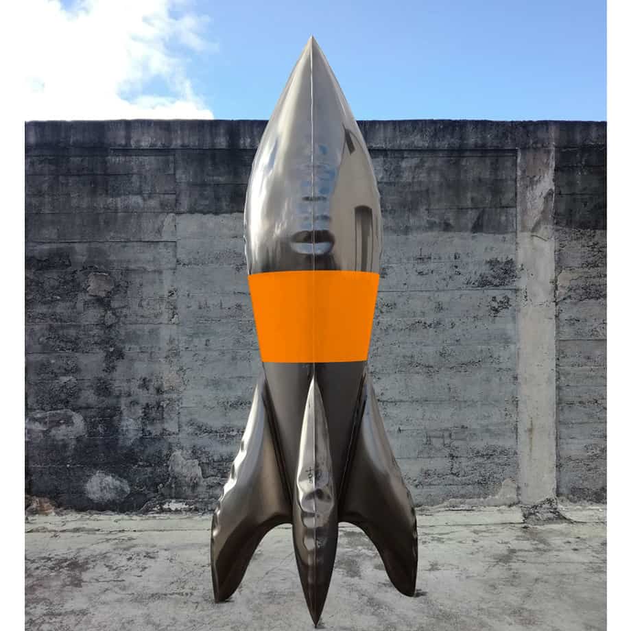 Agent-Orange-220cm-STAINLESS-STEEL-INDUSTRIAL-COATING-[stainless-steel,-free-standing,outdoor]david-mcCracken-rocket-sculpture-australian-artist-pop-art