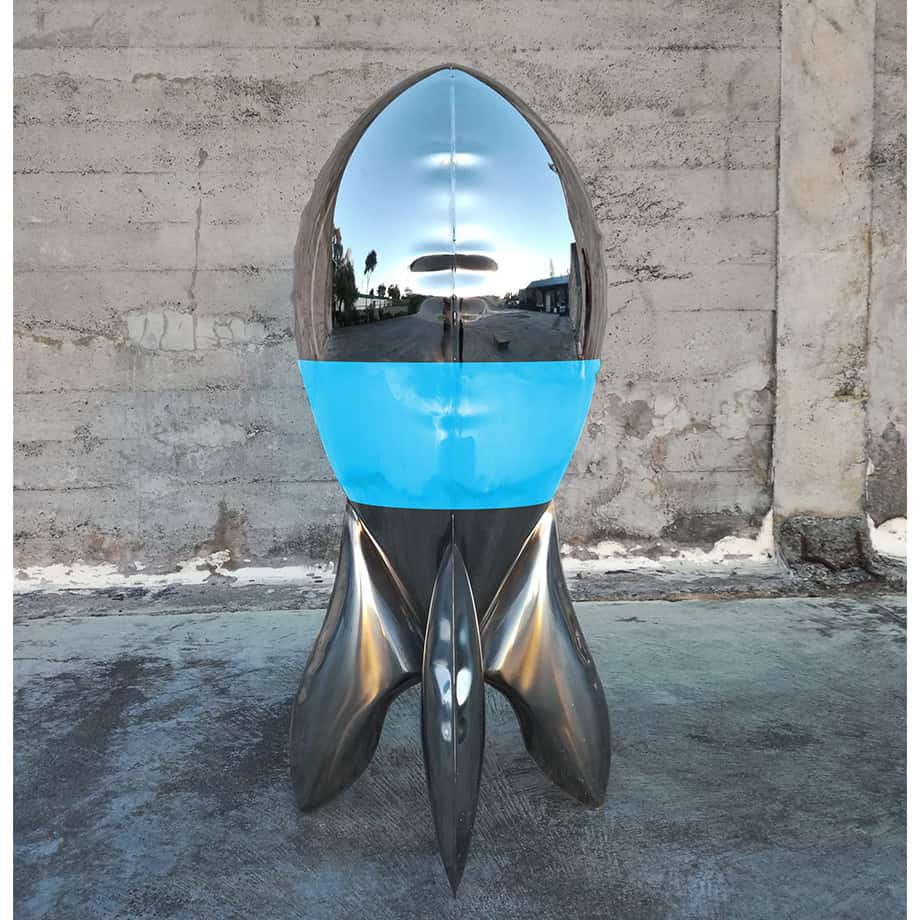 Blupe-120cm-STAINLESS-STEEL-INDUSTRIAL-COATING-[stainless-steel,-free-standing,outdoor]david-mcCracken-rocket-sculpture-australian-artist-pop-art