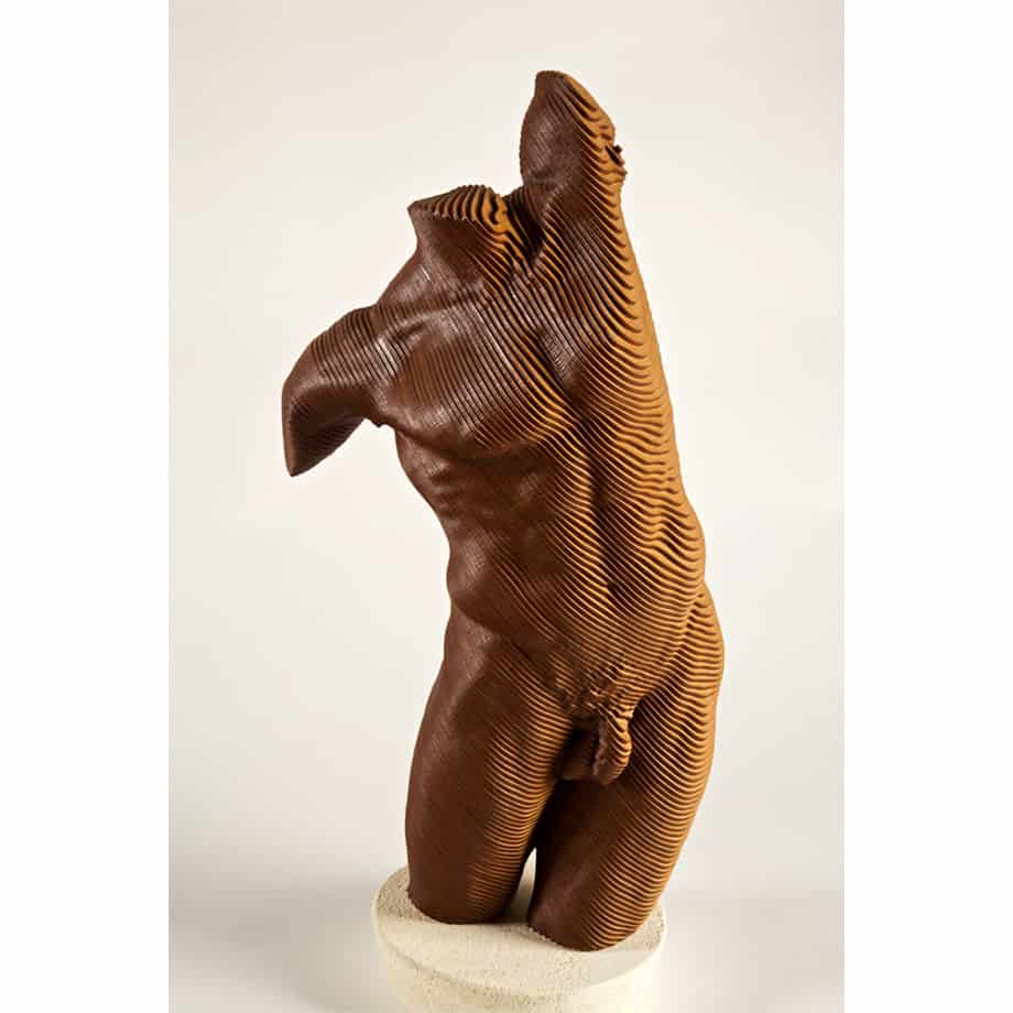 Bruce-58x28cm limited ed 8-TIMBER-LASER-CUT-[table-top,figurative]Olivier-Duhamel-male-body-sculpture-nude-wood-form-australianjpg