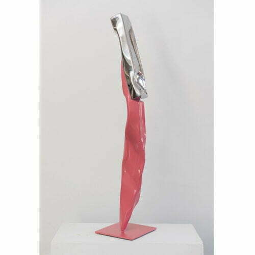 Dancing-on-the-Edge-#2--126x30cm-POWDER-COATED-&-CHROMED-STEEL-[stainless-steel,free-standing,-table-top]-Gary-Christian-australian-abstract-pink-sculpture