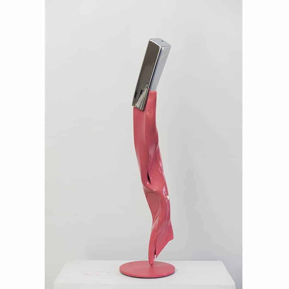 Dancing-on-the-Edge-#1--112x30cm-POWDER-COATED-&-CHROMED-STEEL-[stainless-steel,free-standing,-table-top]-Gary-Christian-australian-abstract-pink-sculpture