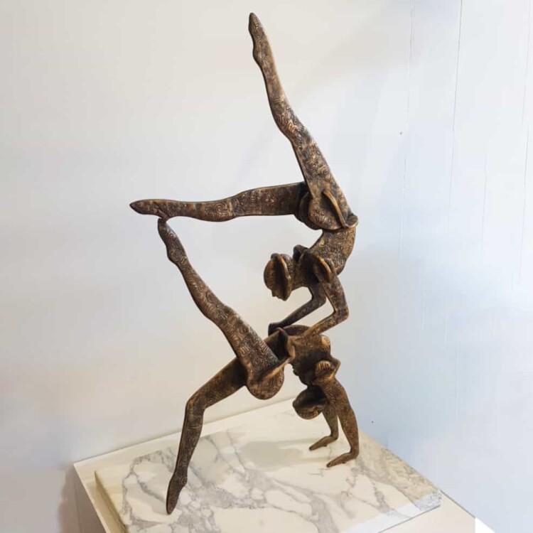 Dancers--60X20cm-CAST-BRONZE-MARBLE-[Bronze, tabletop, figurative sculpture]Helena-Lillywhite-australian-interior-gold-people-sculpture