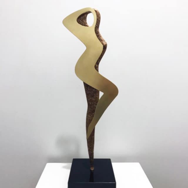 Salute-to-a-form-58cm--BRONZE-BRASS-GRANITE[Bronze,tabletop,-figurative]Helena-Lillywhite-australian-interior-gold-sculpture