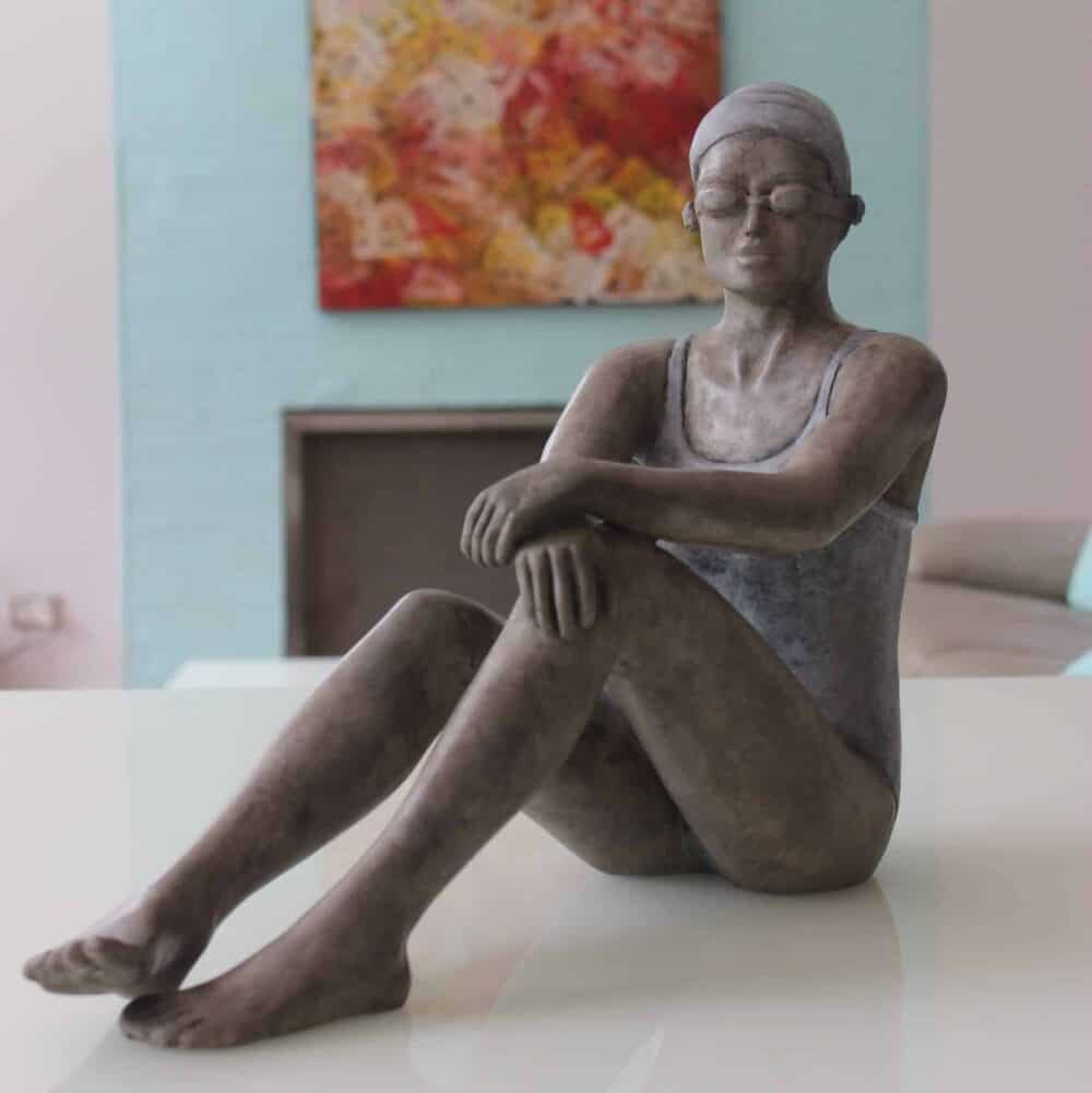 Late afternoon swimmer---BRONZE-WITH-PATINA-[Table-top,Bronze,-Figurative]-mela-cooke-australian-female-sculpture
