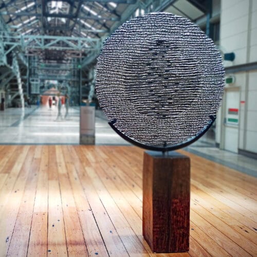 Metamorph-240x140cm-STAINLESS-STEEL-WITH---TIMBER-STAND-[free-standing,outdoor]-CHEN-australian-sculpture-large-sphere