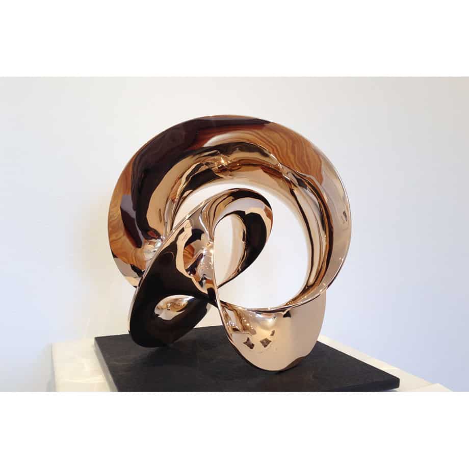 Motion-3-CAST-BRONZE--on--TILE-30x30cm-[Bronze-Tabletop]Ben-Storch-sculpture-australian-abstract-twisted-form-art