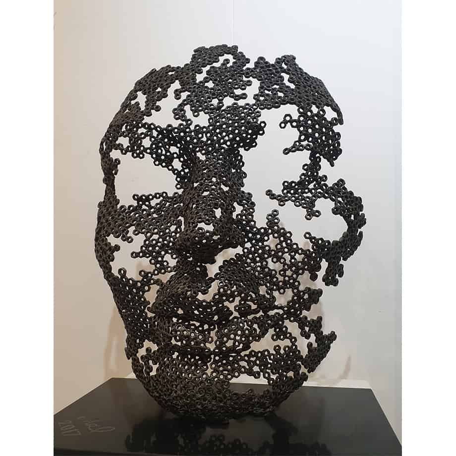 Rebirth-54x33x70cm-FABRICATED-STEEL-NUTS-GRANITE-BASE-[-table-top,-figurative]-emad-dhahir-sculpture-face-art-australian-female