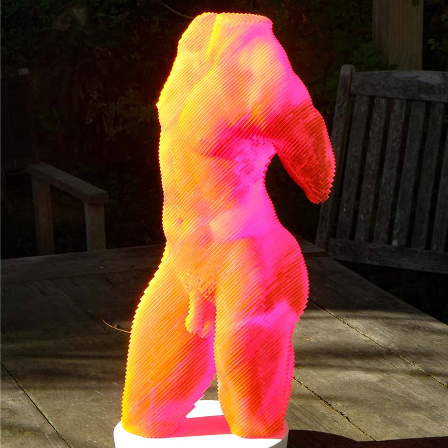 Roberto-Fluro-Orange-45x20cm---ACRYLIC--LASER-CUT-[table-top,figurative]Olivier-Duhamel-male-body-sculpture-nude-wood-form-australian