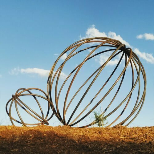 SPHERES--240cm--&-90cm---FABRICATED--MILD-STEEL-PIPE-NATURAL-OXIDE-[outdoor,landmark]-Tobias Benent-australian--sculpture-large-oversize