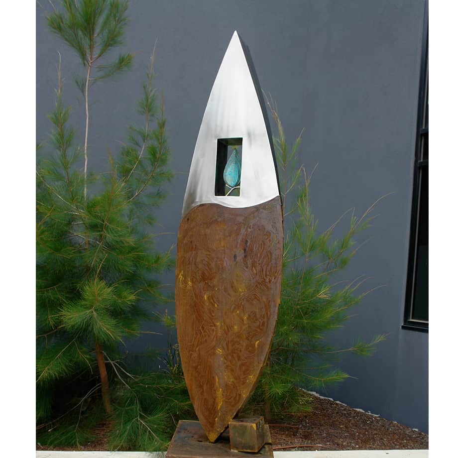 Seed-10---250x60cm--CORTEN-&-STAINLESS-[corten,outdoor]-Rudi-Jass-australian-garden-sculpture-surf-board-surfing