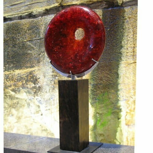 Sunset-Red-190x100x30cm-RESIN-WITH-STAINLESS-STEEL-AND-TIMBER--STAND-[free-standing,outdoor]-CHEN-australian-sculpture-resin-red-sphere