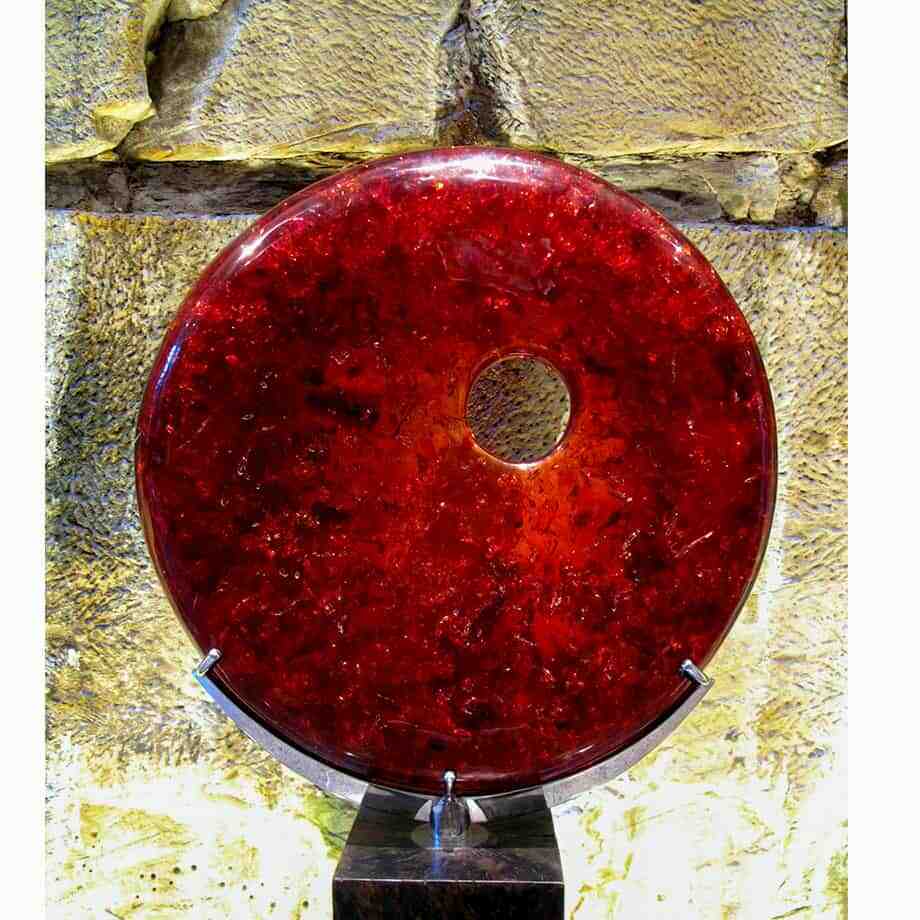 Sunset-Red-190x100x30cm-RESIN-WITH-STAINLESS-STEEL-AND-TIMBER--STAND-[free-standing,outdoor]-CHEN-australian-sculpture-resin-red-sphere