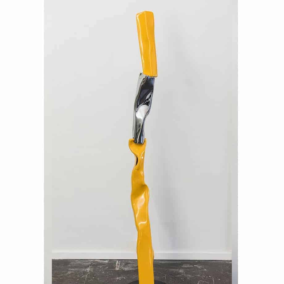 Warning-Warning-187x36cm-POWDER-COATED-&-CHROMED-STEEL-[stainless-steel,free-standing,-table-top]-Gary-Christian-australian-abstract-yellow-sculpture