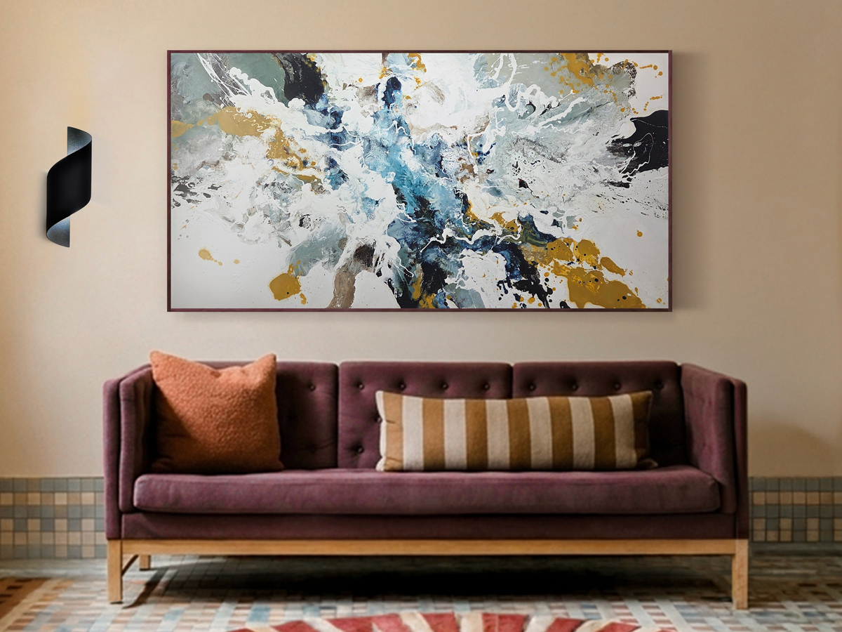 lounge and dining room art sydney Long abstract painting hung above a lounge setting in Sydney