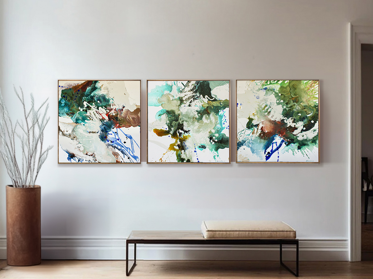 Spree (SOLD) tryptich abstract wall art, michael whitehead painting