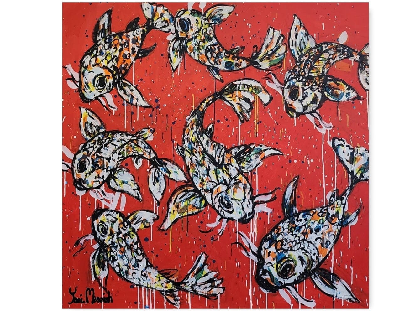 Fire Red Swimmers by Yosi Messiah – mixed media on canvas painting, 120x120cm (view 2) – SOHO Galleries Sydney