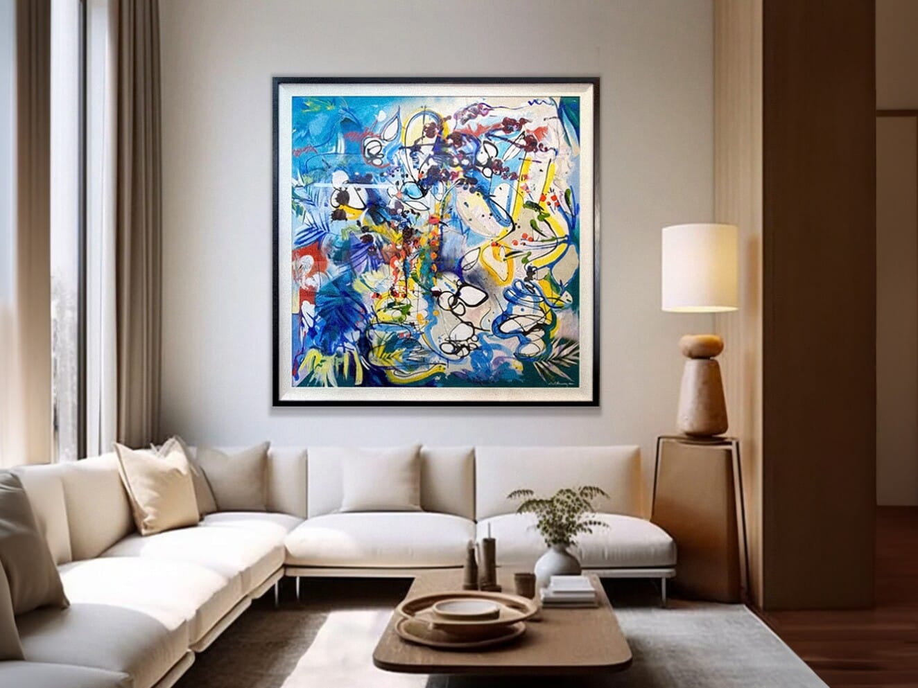 Tropics by Zoe Ellenberg – painting, 165x165cm, shown in a home interior – SOHO Galleries Sydney