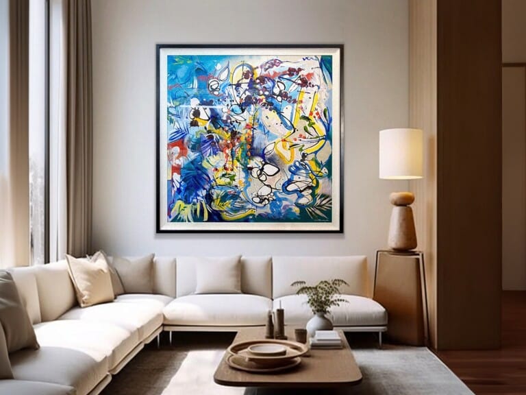 Tropics by Zoe Ellenberg – painting, 165x165cm, shown in a home interior – SOHO Galleries Sydney