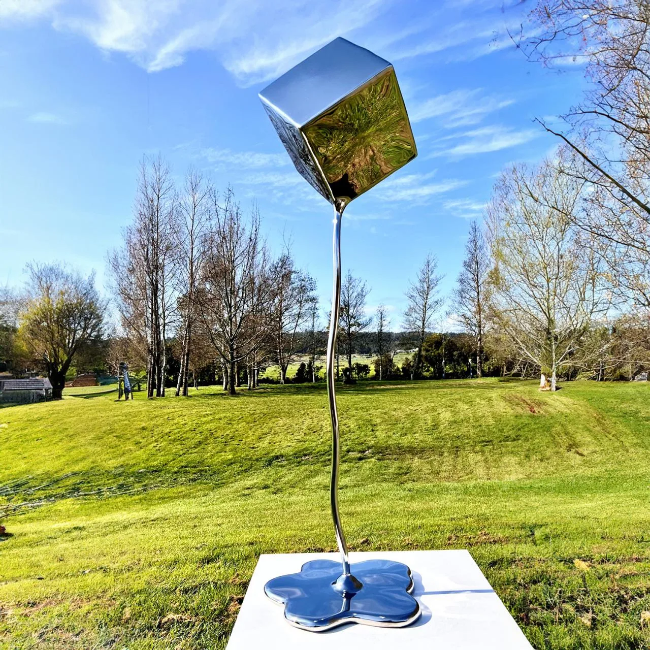 Cube Melt by Hugh McLachlan – stainless-steel sculpture, 110cm (view 10) – SOHO Galleries Sydney