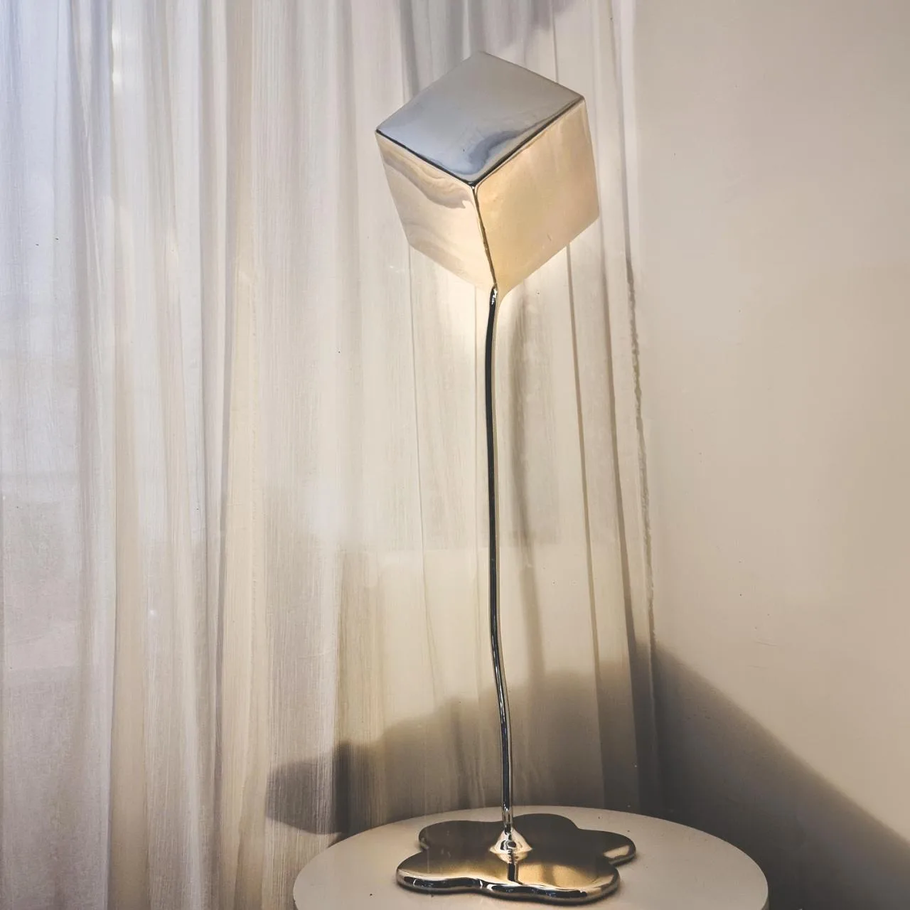Cube Melt by Hugh McLachlan – stainless-steel sculpture, 110cm (view 3) – SOHO Galleries Sydney
