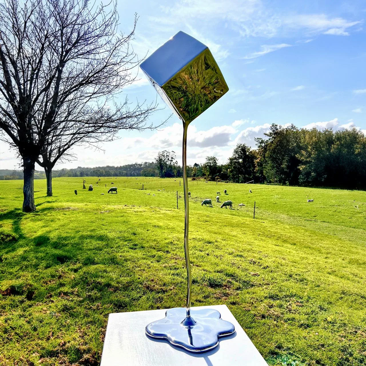 Cube Melt by Hugh McLachlan – stainless-steel sculpture, 110cm (view 9) – SOHO Galleries Sydney