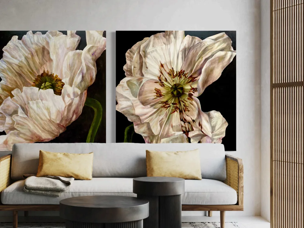 White Silks Pair - ea by Marilou Palazon – acrylic on canvas painting, 125x125cm (view 5) – SOHO Galleries Sydney