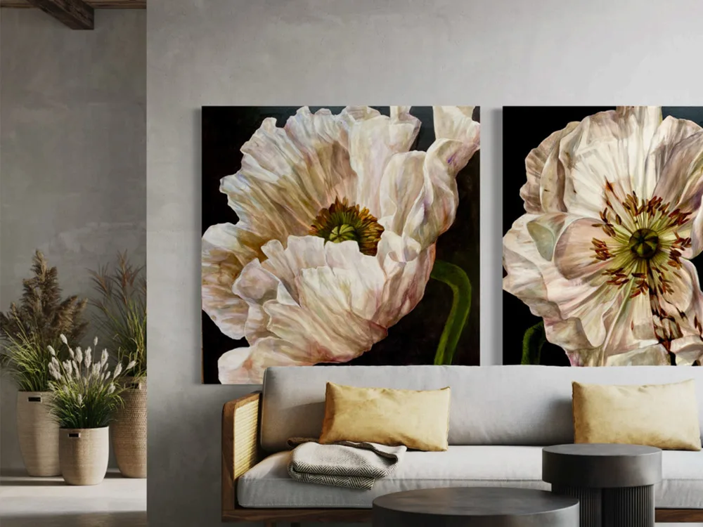 White Silks Pair - ea by Marilou Palazon – acrylic on canvas painting, 125x125cm (view 2) – SOHO Galleries Sydney
