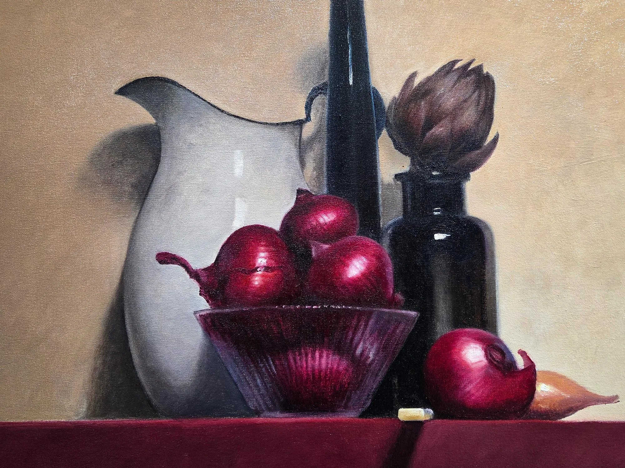 Red Onions and Artichoke - 70x70cm Still-life painting by Alison Mitchell — original art, SOHO Galleries Sydney