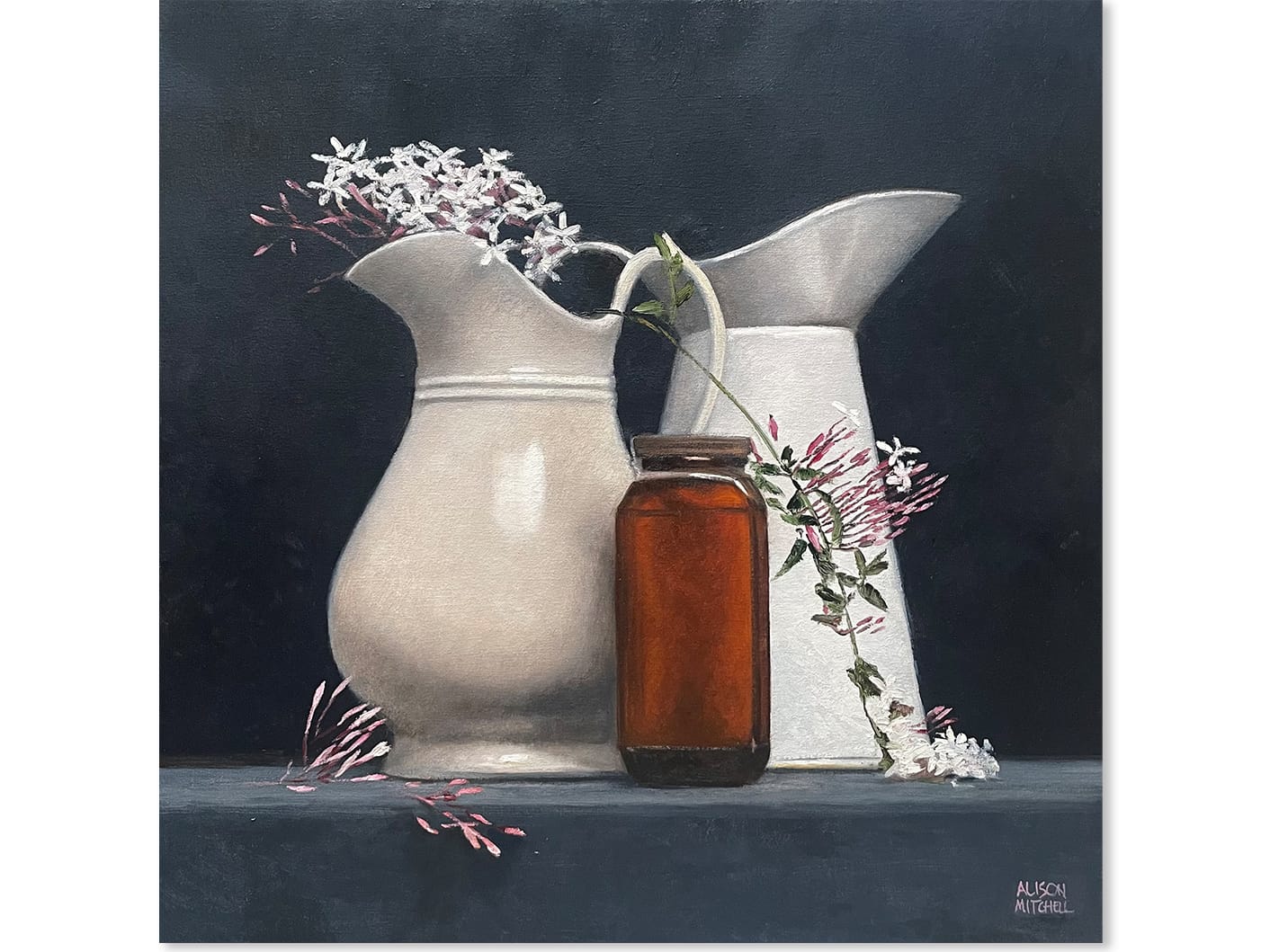 Jasmine and Jugs - 70x70cm alison mitchell still life artworks