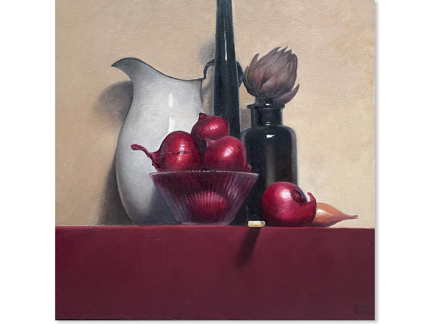 Red Onions and Artichoke - 70x70cm alison mitchell still life artworks