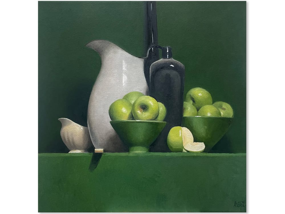 Green Apple, Quartered - 70x70cm alison mitchell still life artworks
