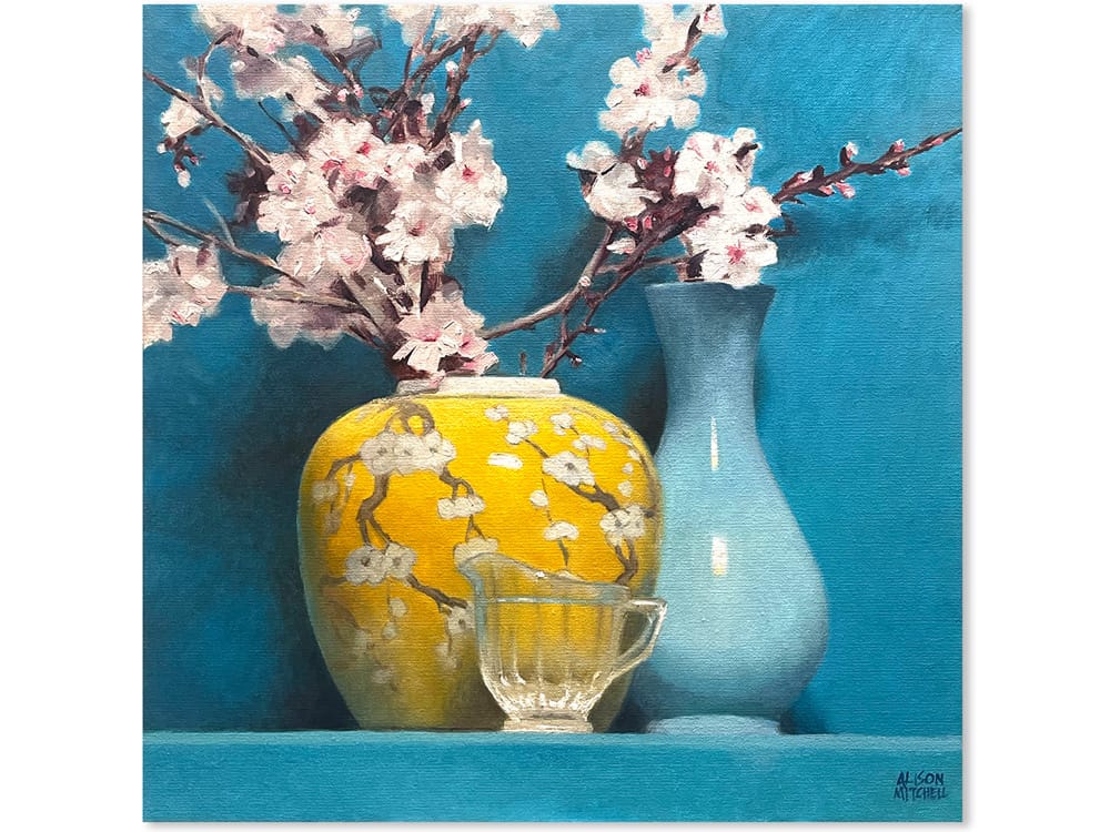 Turquoise Ginger Jar and Blossom - 60x60cm alison mitchell still life artworks