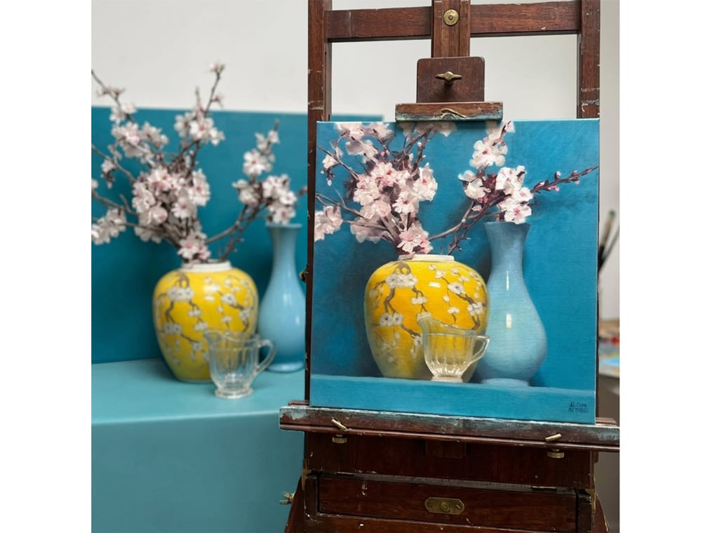 Turquoise Ginger Jar and Blossom - 60x60cm alison mitchell still life artworks