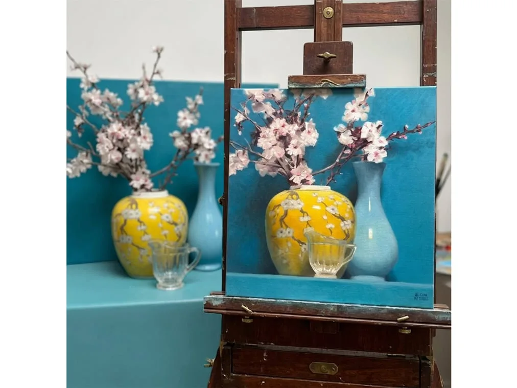 Turquoise Ginger Jar and Blossom - 60x60cm Floral painting by Alison Mitchell — original art, SOHO Galleries Sydney