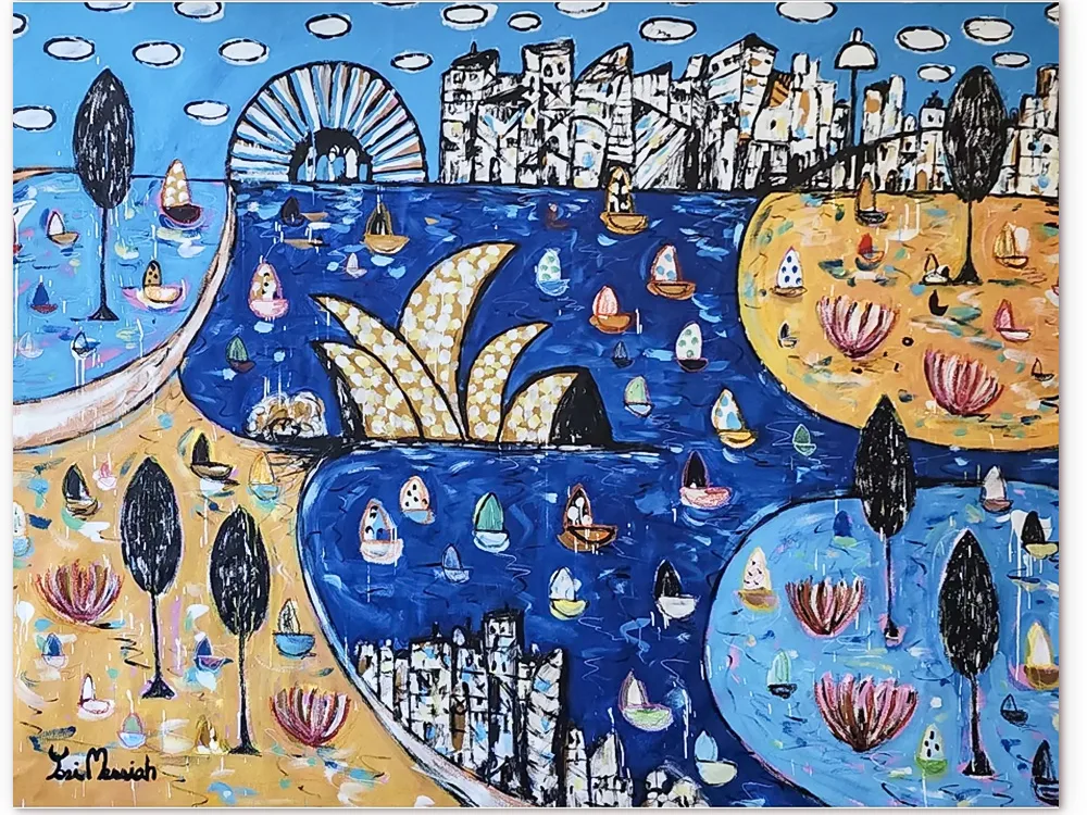 Blue shimmering harbour - 270x215cm sydney harbour painting - original artwork
