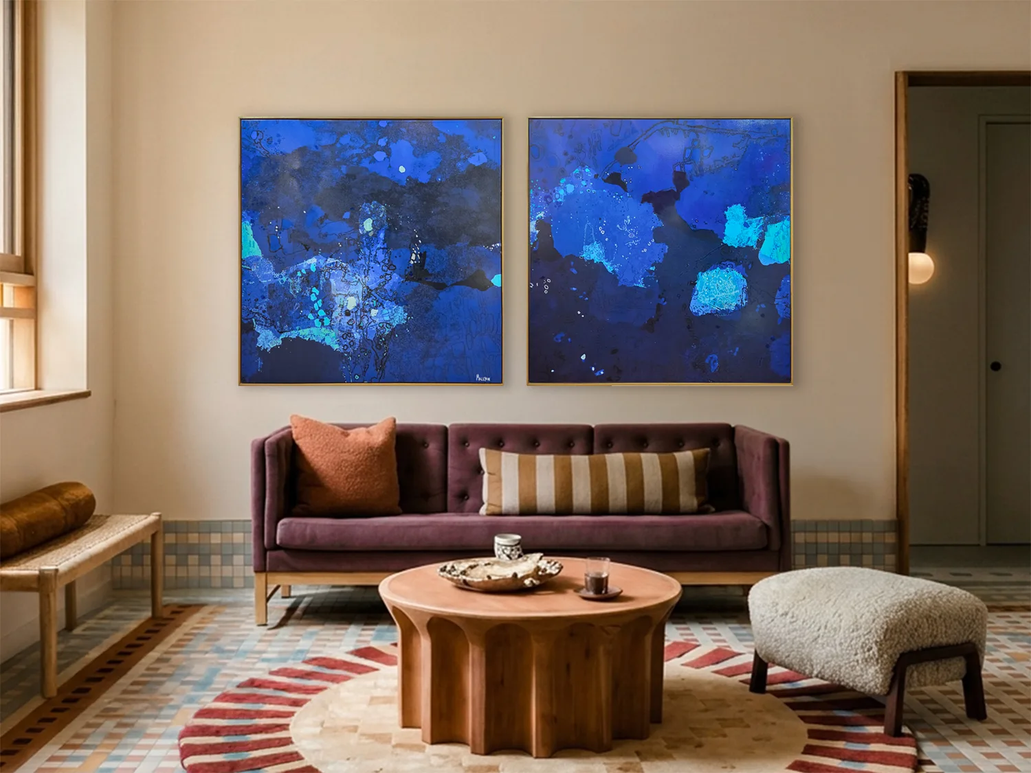 Australian Art & Sculpture | Soho Galleries Large wall art: a pair of blue abstract paintings in a living room