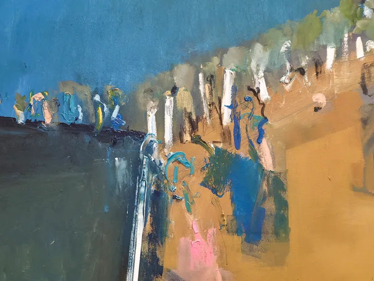 Day Break, Distance by Phil Stallard – oil on canvas painting, 102x102cm, shown in a home interior – SOHO Galleries Sydney