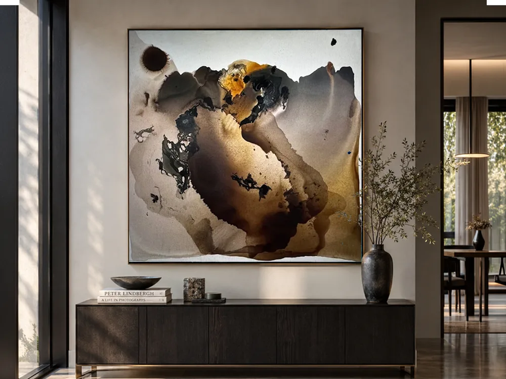 Sun Up by Conchita Carambano, umber, amber and black abstract painting with rising sun