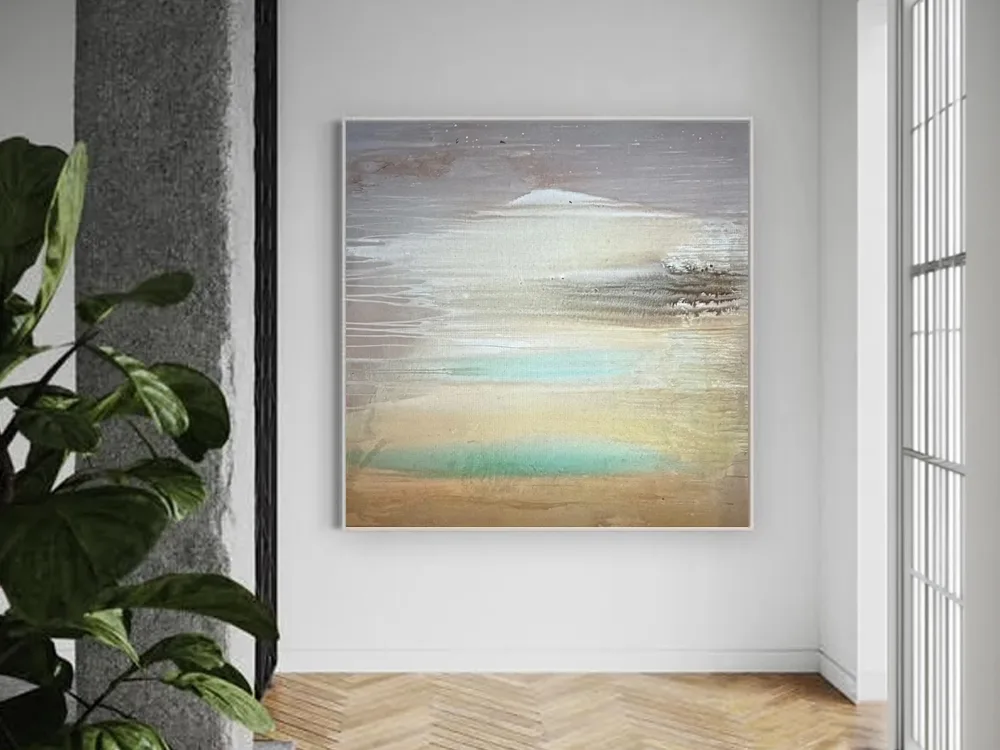 Before the Clearing by Conchita Carambano, sand, grey and aqua abstract coastal landscape painting