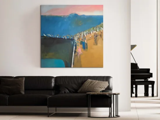 Day Break, Distance by Phil Stallard – oil on canvas painting, 102x102cm, shown in a home interior – SOHO Galleries Sydney