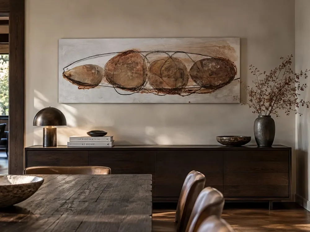 Glutton by Conchita Carambano, long rust and umber abstract painting with charcoal line work
