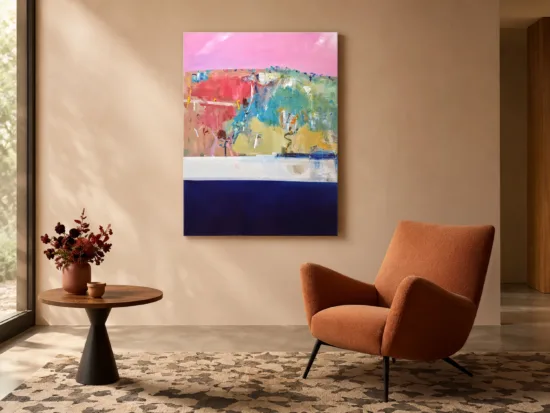 Hillside View by Phil Stallard – oil on canvas painting, 91x122cm, shown in a home interior – SOHO Galleries Sydney