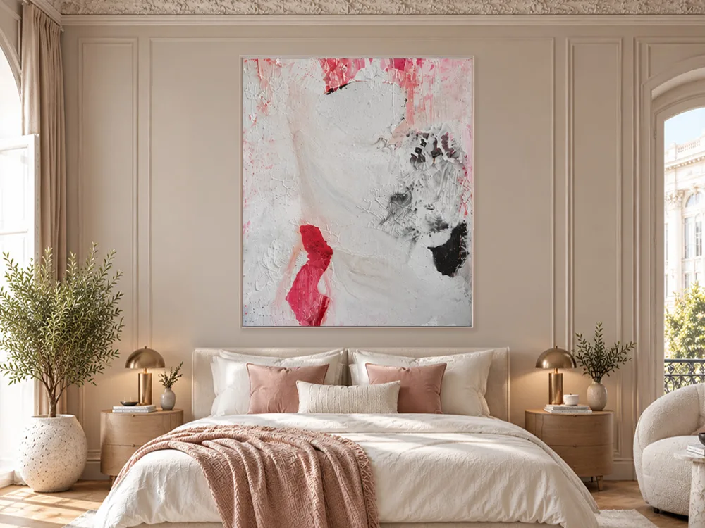 Lovers Stand by Conchita Carambano, tall white abstract painting with crimson, pink and black