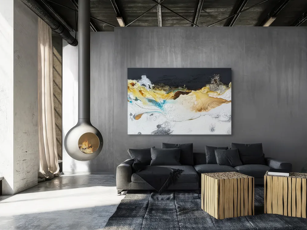 Obsessive Love by Conchita Carambano, large gold, turquoise, charcoal and white abstract painting