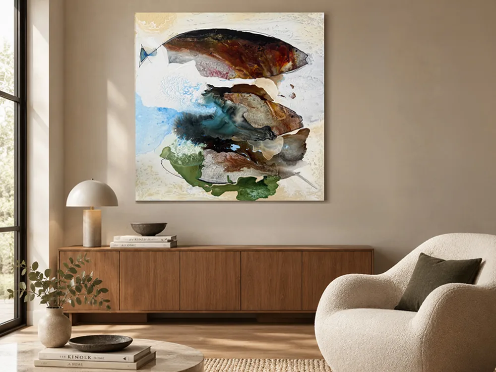 The Appointments by Conchita Carambano, abstract fish painting shown in an interior setting