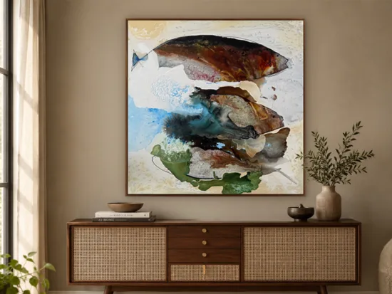 The Appointments by Conchita Carambano, rust, blue and green abstract painting with fish forms