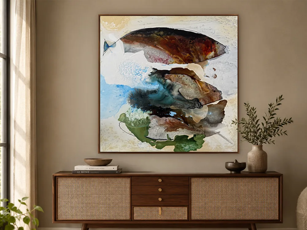 The Appointments by Conchita Carambano, rust, blue and green abstract painting with fish forms