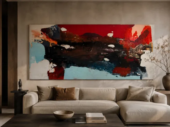 Watch Me Fly by Conchita Carambano, large red, black and powder blue abstract painting